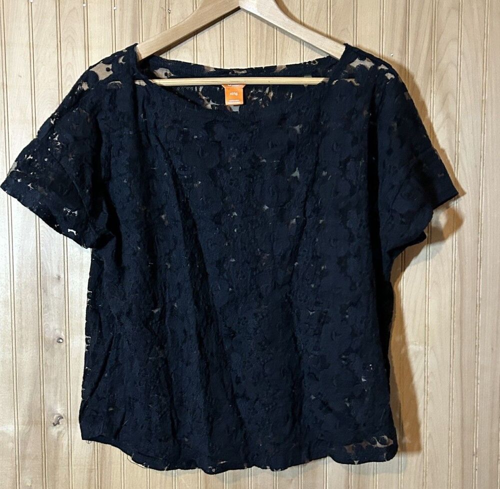 Joe Fresh Women's XL Black Floral Embroidered Lace Sheer Short Sleeve Blouse